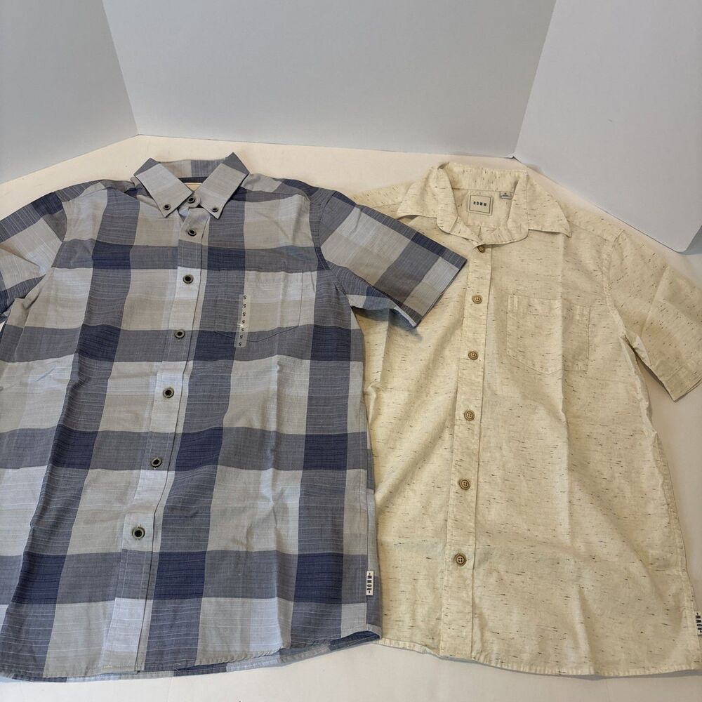 Lot Of 2 ROWM Men's Short Sleeve Small Shirt, Ivory White Blue & Blue Plaid